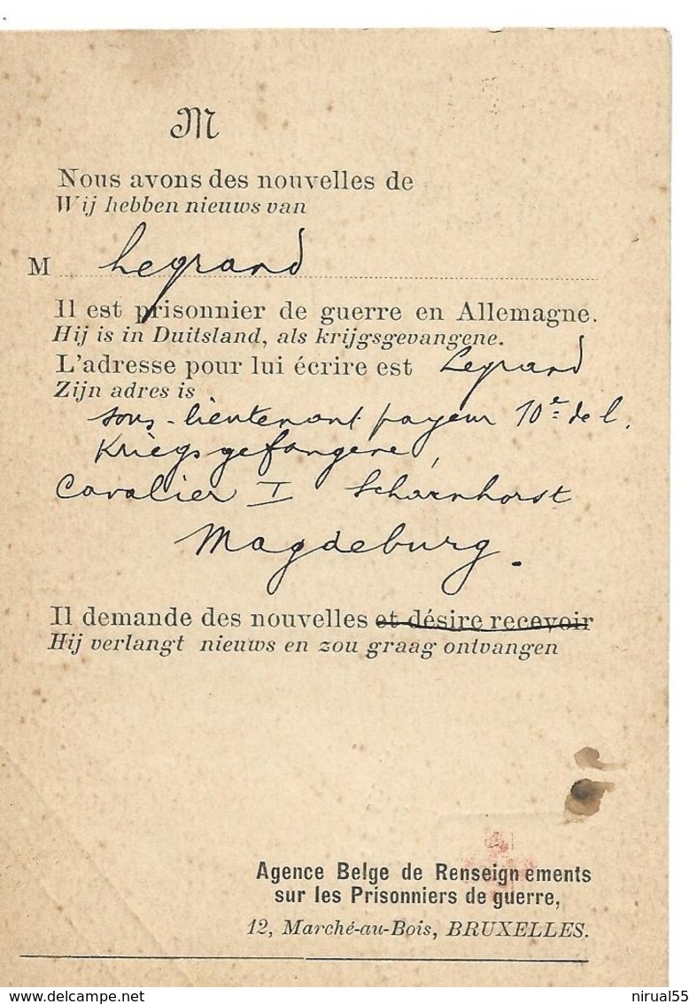 Guerre 14 18 BRUXELLES Belgique Carte CROIX ROUGE Agence Belge De Renseignements Renseignement Sur Prisonnier .........G - Prisoners