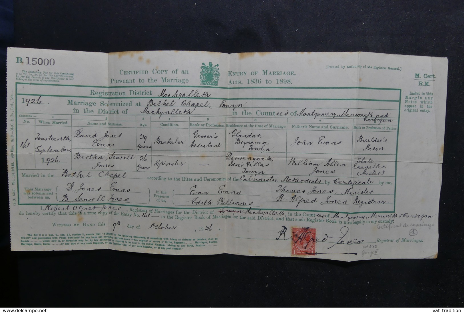ROYAUME UNI - Fiscal Sur Certificat De Mariage En 1926 , à Voir - L 45013 - Steuermarken