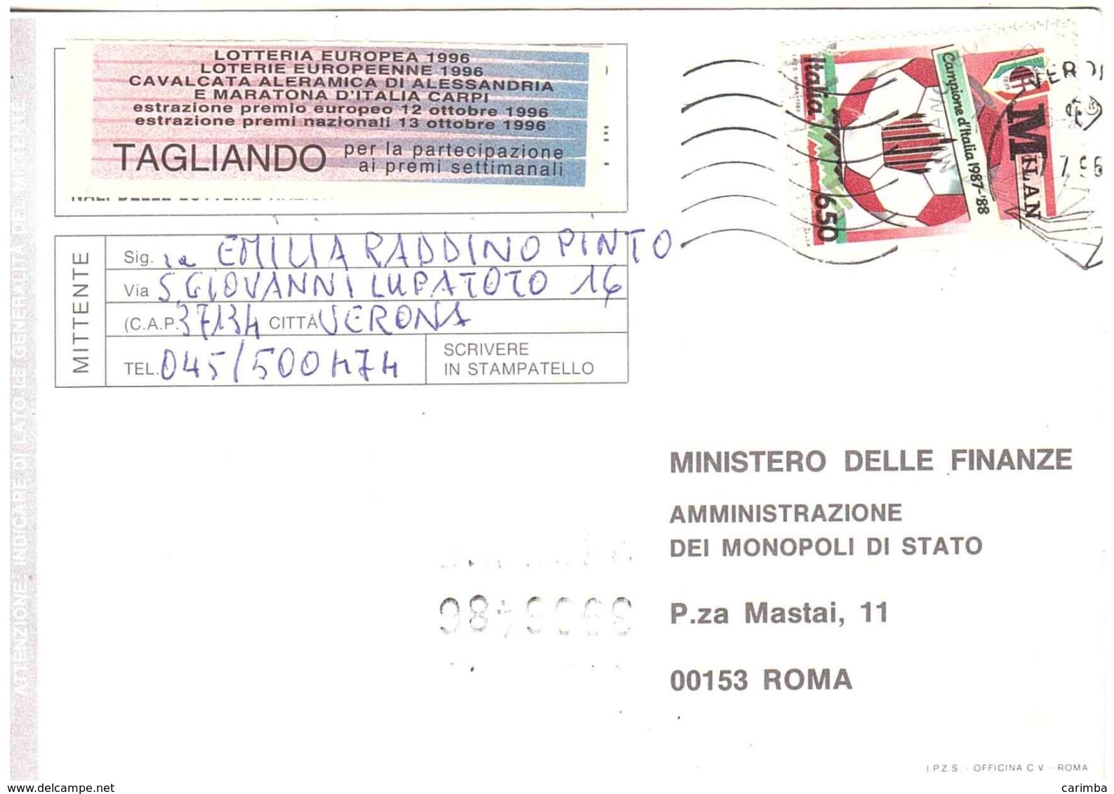 1988 MILAN CAMPIONE D'ITALIA SU CARTOLINA LOTTERIA NAZIONALE - Club Mitici