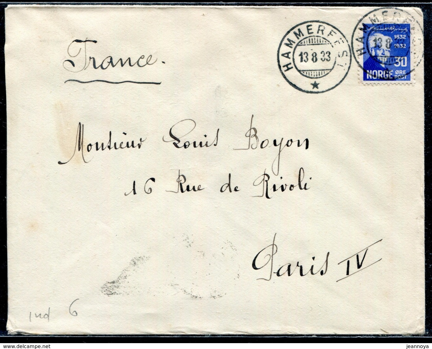 NORVEGE - N° 158 / LETTRE D' HAMMERFEST LE 13/8/1933 POUR PARIS - TB - Lettres & Documents