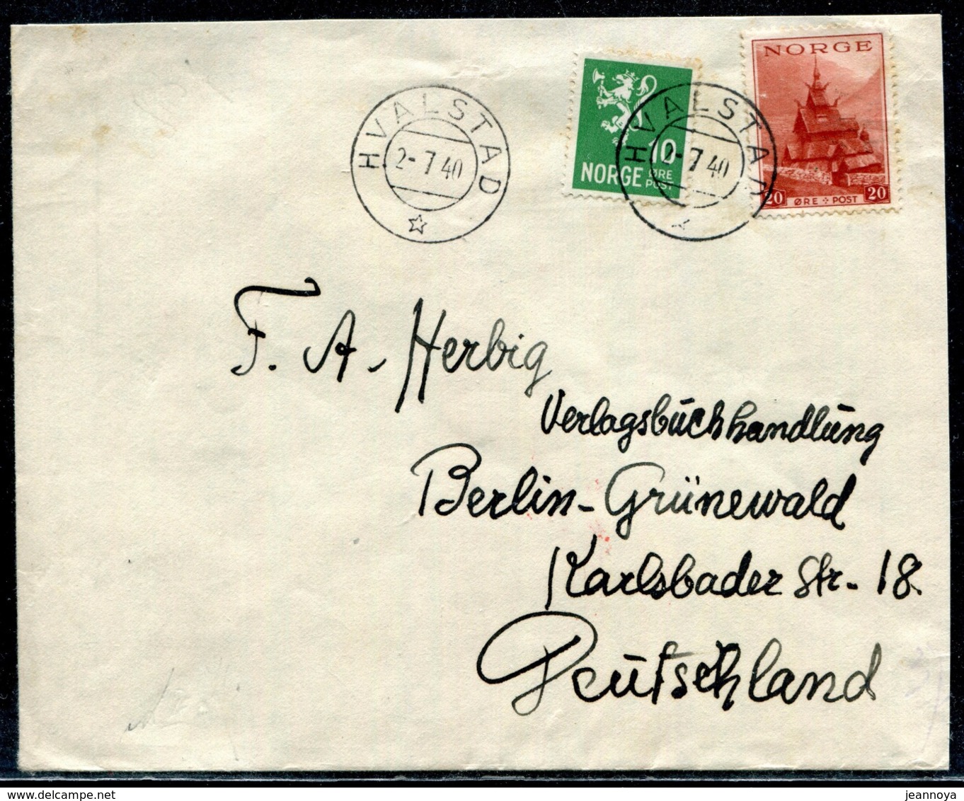 NORVEGE - N° 173 + 188 / LETTRE D' HVALSTAD LE 2/7/1940 POUR BERLIN AVEC CENSURE - TB - Lettres & Documents