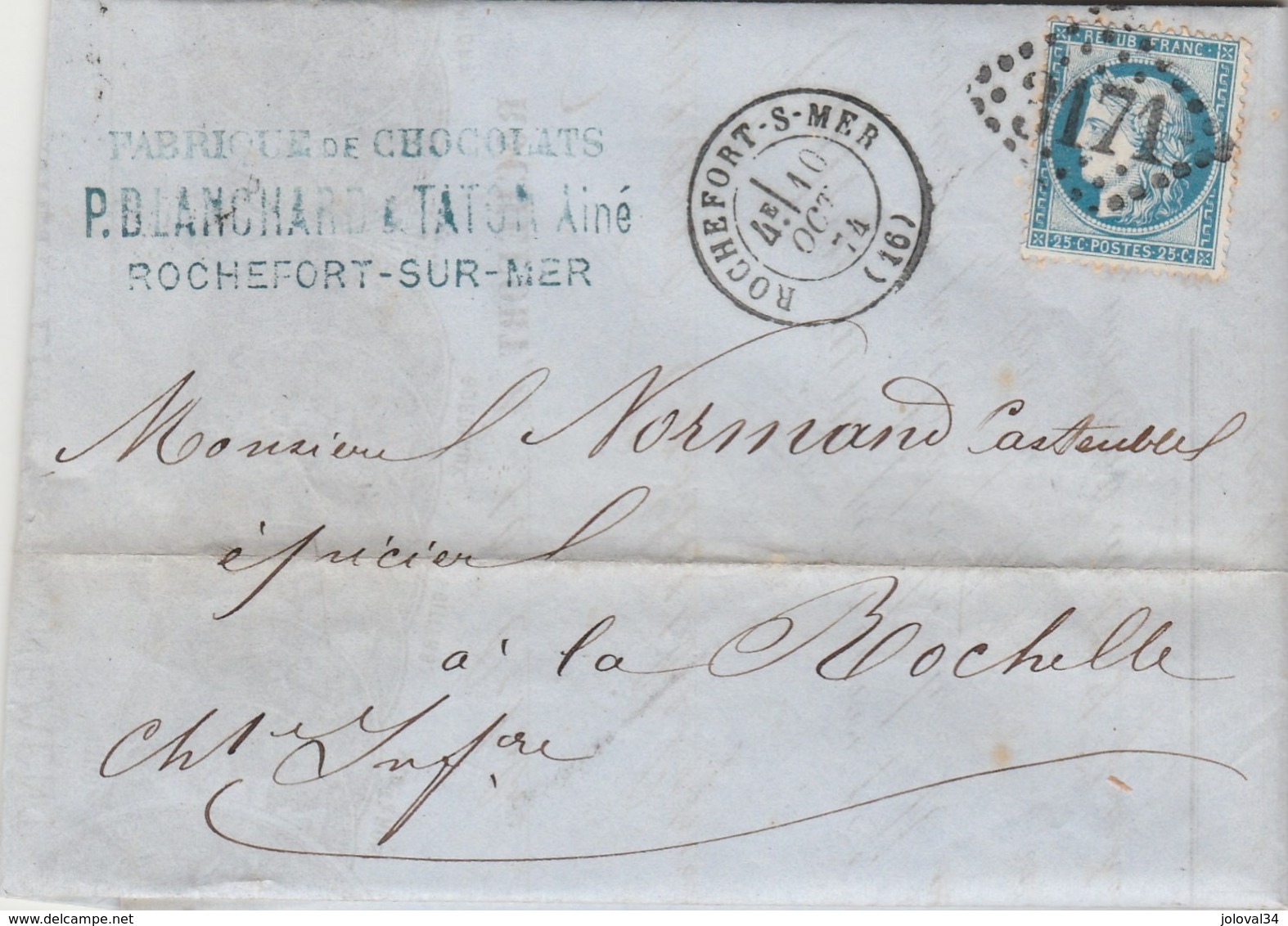 Yvert 60B Cérès Lettre Belle Facture Entête Blanchard Taton Chocolat ROCHEFORT S Mer 10/10/1874 GC 3171 à La Rochelle - 1849-1876: Période Classique