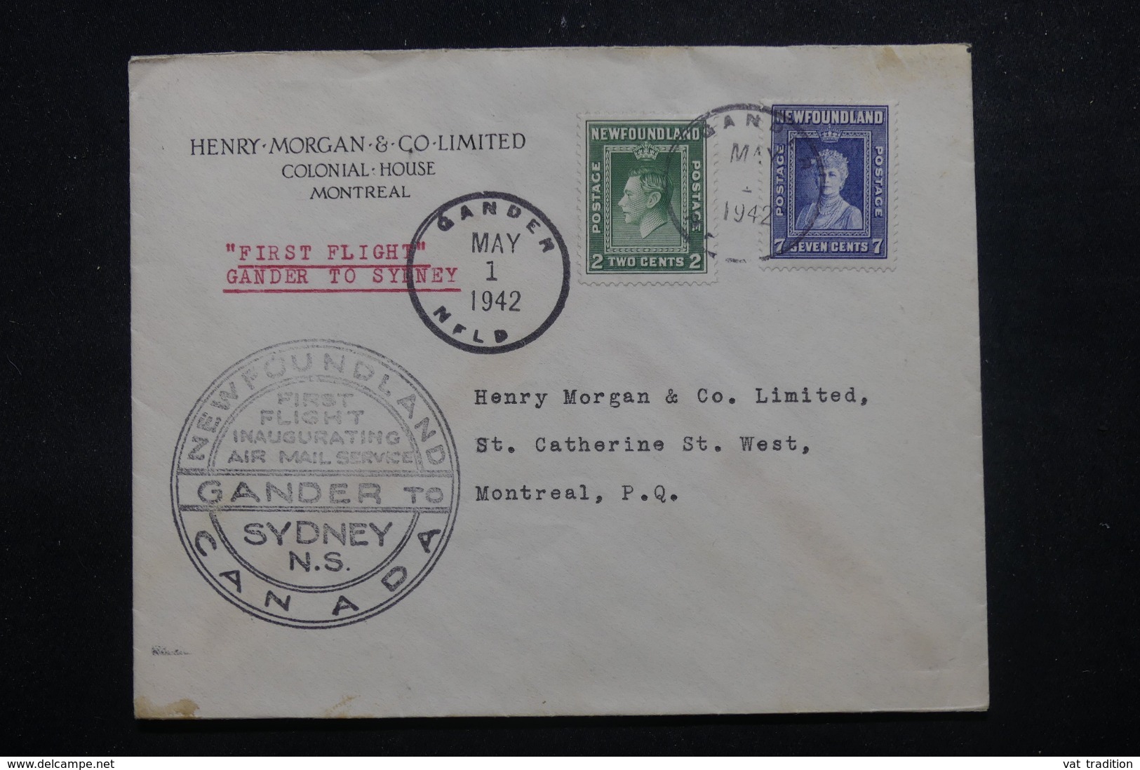 TERRE NEUVE - Enveloppe 1er Vol Gander / Sydney En 1942, Affranchissement Plaisant - L 45047 - 1908-1947