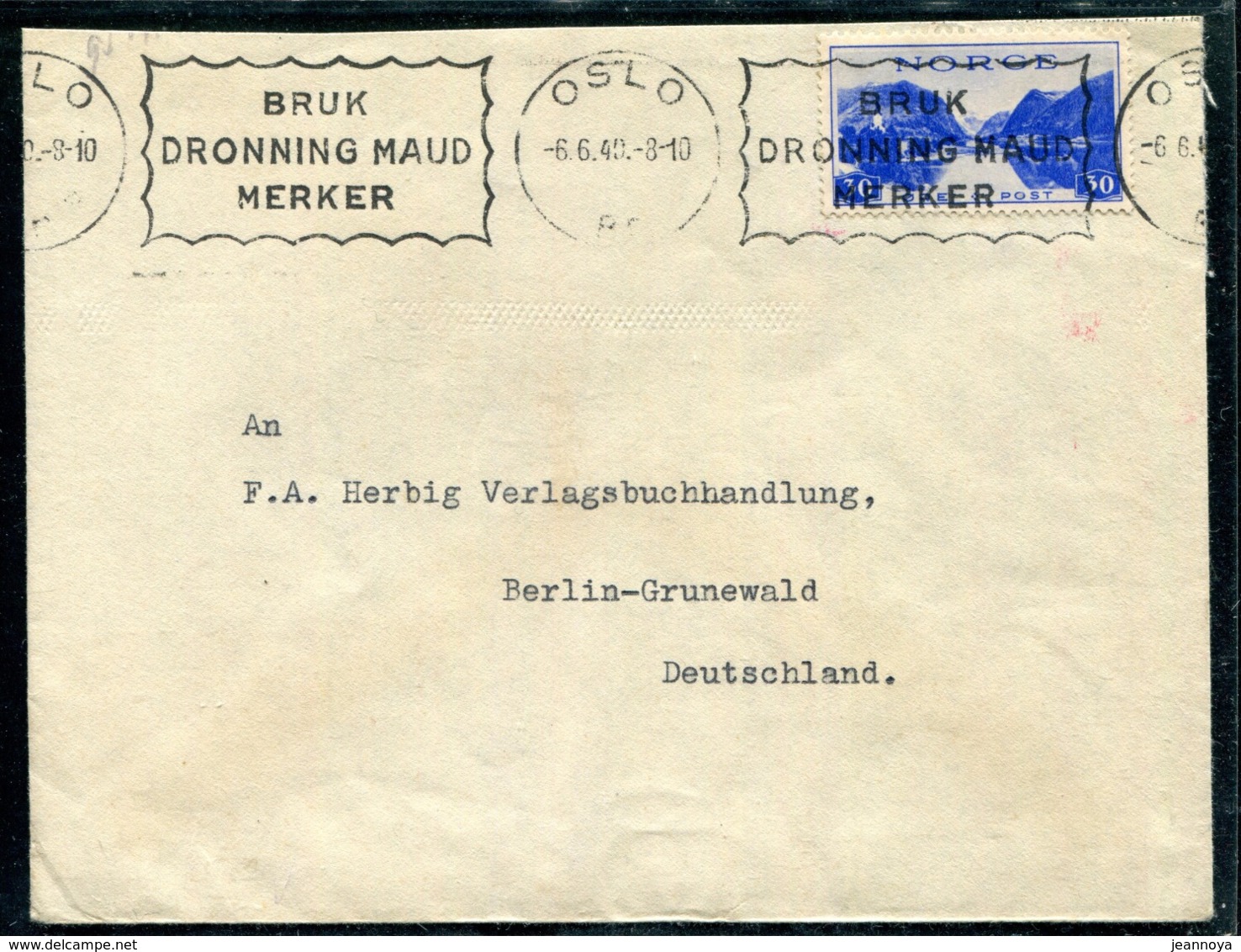 NORVEGE - N° 189 / LETTRE AVEC O.M. D'OSLO LE 6/6/1940 POUR BERLIN AVEC CENSURE - TB - Lettres & Documents