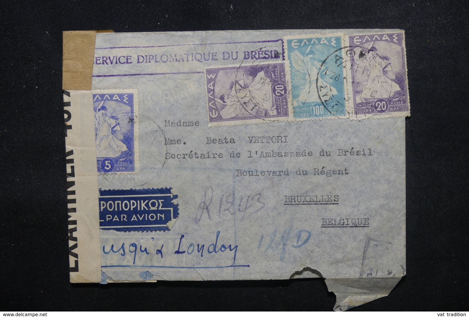 GRECE / BRÉSIL - Enveloppe De La Légation Du Brésil Pour Ambassade Du Brésil à Bruxelles En 1945 Avec Contrôle - L 45056 - Storia Postale