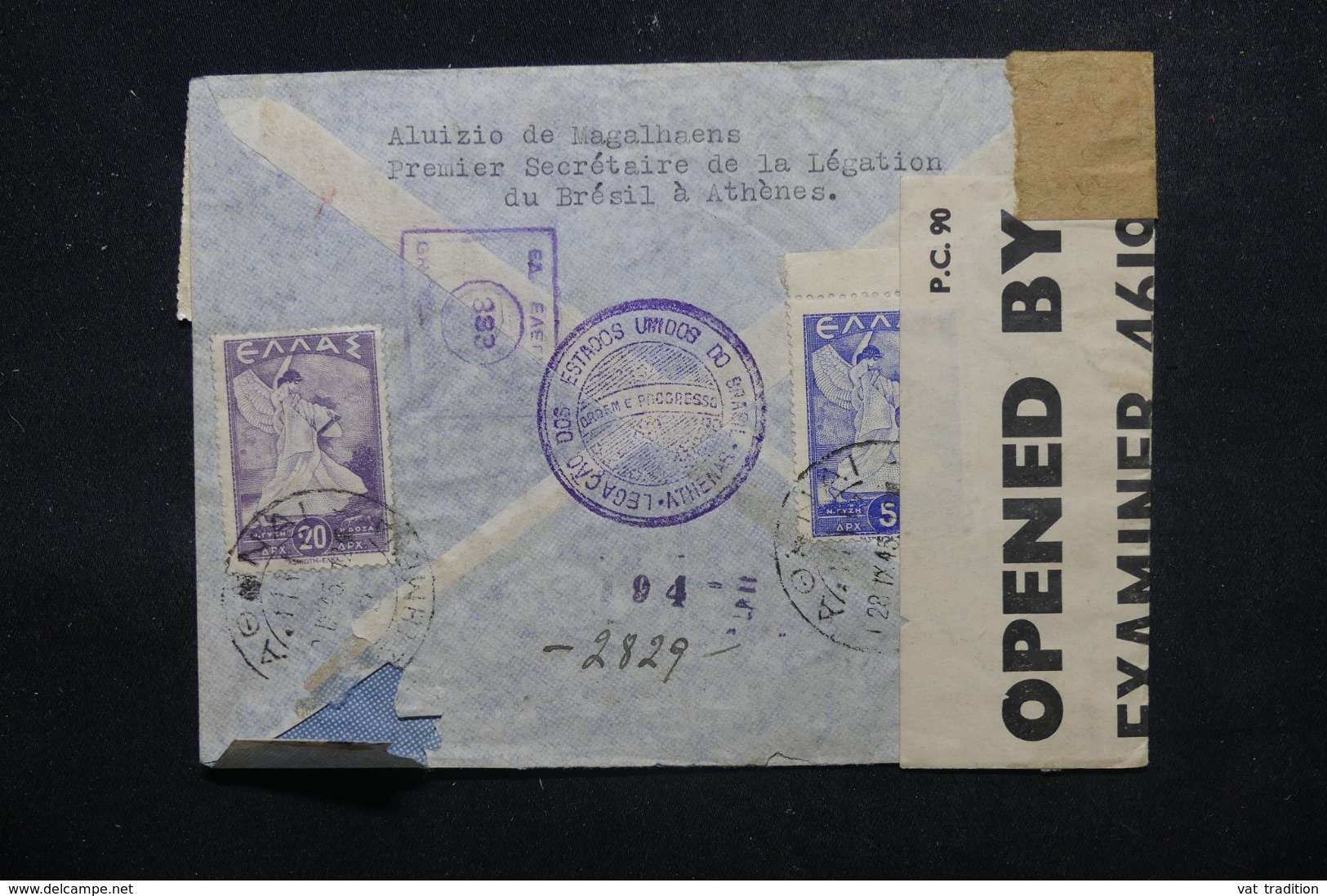 GRECE / BRÉSIL - Enveloppe De La Légation Du Brésil Pour Ambassade Du Brésil à Bruxelles En 1945 Avec Contrôle - L 45056 - Storia Postale