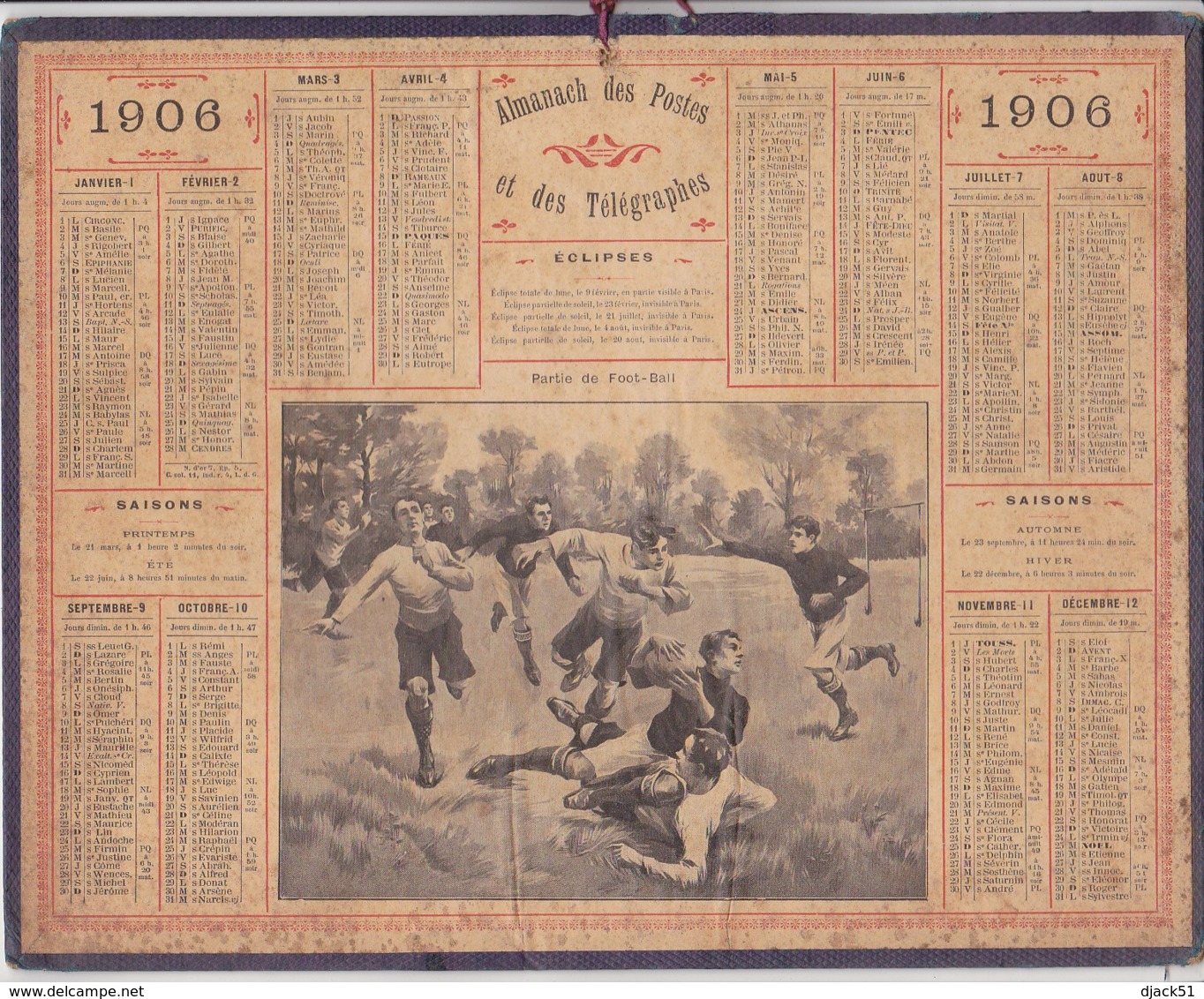 Calendrier 1906  Postes Et Télégraphes / Partie De Foot-Ball - Grand Format : 1901-20