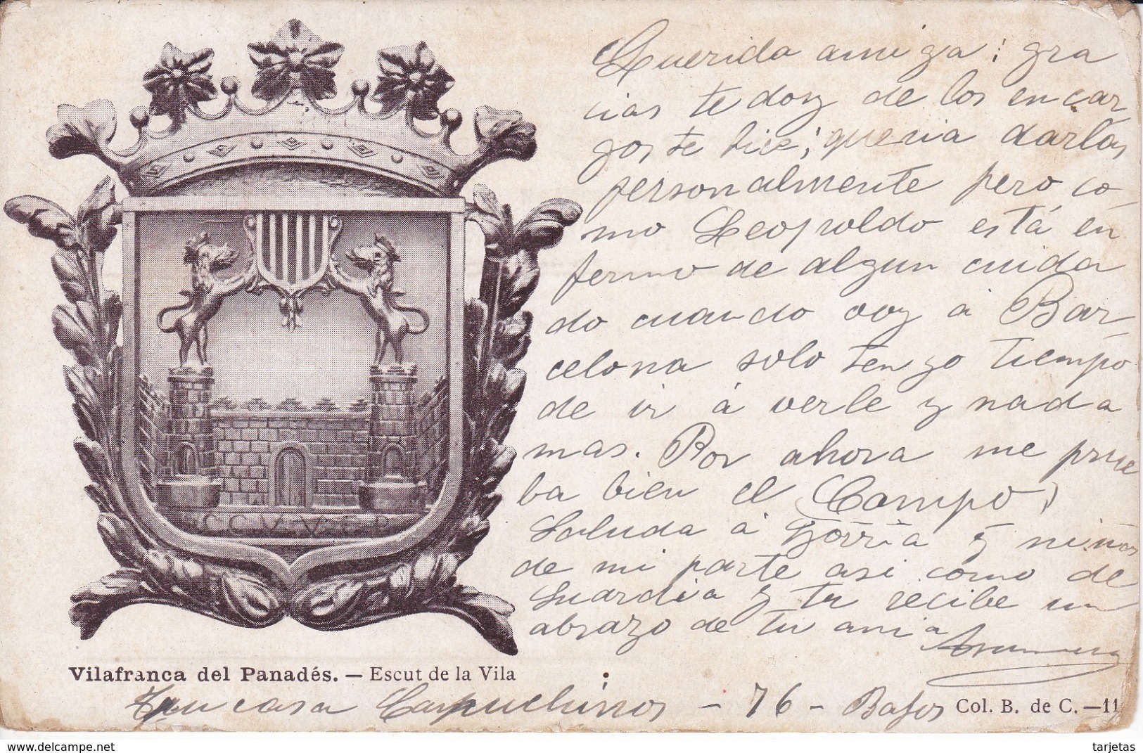 POSTAL DE VILAFRANCA DEL PANADES DEL ESCUDO DE LA VILA DEL AÑO 1908 - VILAFRANCA DEL PENEDES - Barcelona
