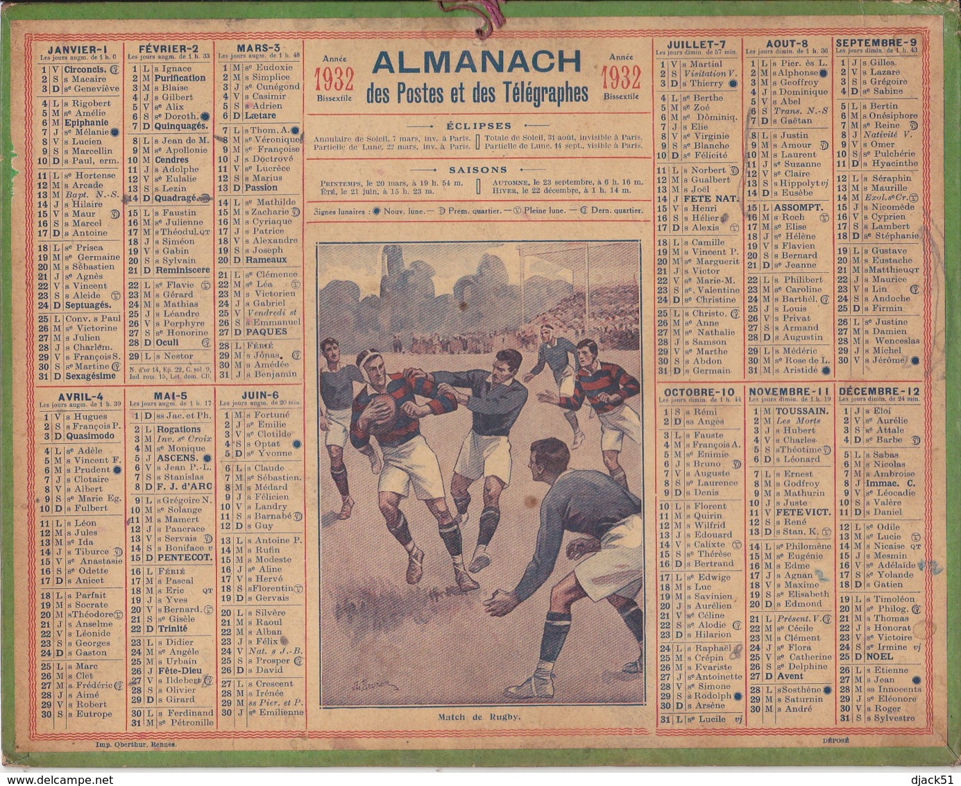 Calendrier 1932  Postes Et Télégraphes / Match De Rugby (Dessin Signé / J.L. Beuzon) - Grand Format : 1921-40