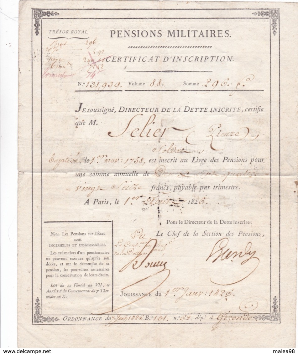 PENSIONS  MILITAIRES ,,,,CERTIFICAT D' INSCRIPTION ,,,,,1826 ,,,,,TBE,,,Le SOLDAT  PIERRE  SELIER,,,,BAPTISE Le_ - Documenti