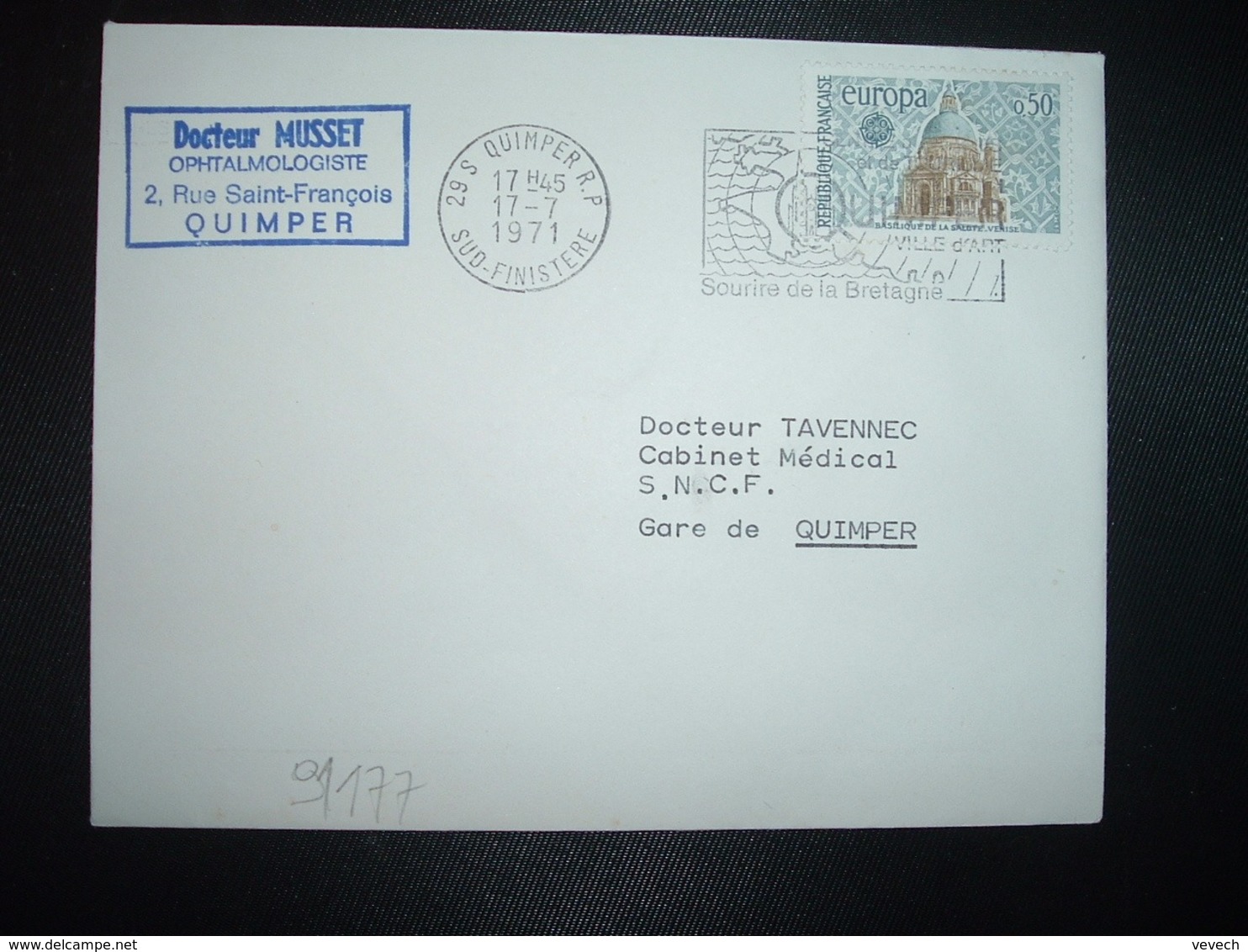 LETTRE TP EUROPA 0,50 OBL.MEC.17-7 1971 29 S QUIMPER RP SUD FINISTERE + Docteur MUSSET OPHTALMOLOGISTE - Sonstige & Ohne Zuordnung