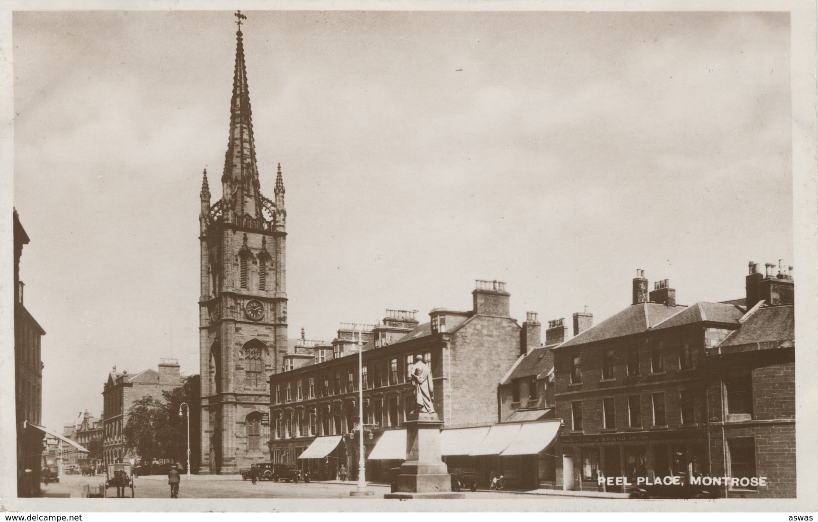 RPPC: PEEL PLACE, MONTROSE, ANGUS, SCOTLAND ~ SHOPS, CHURCH, ANIMATED - Angus