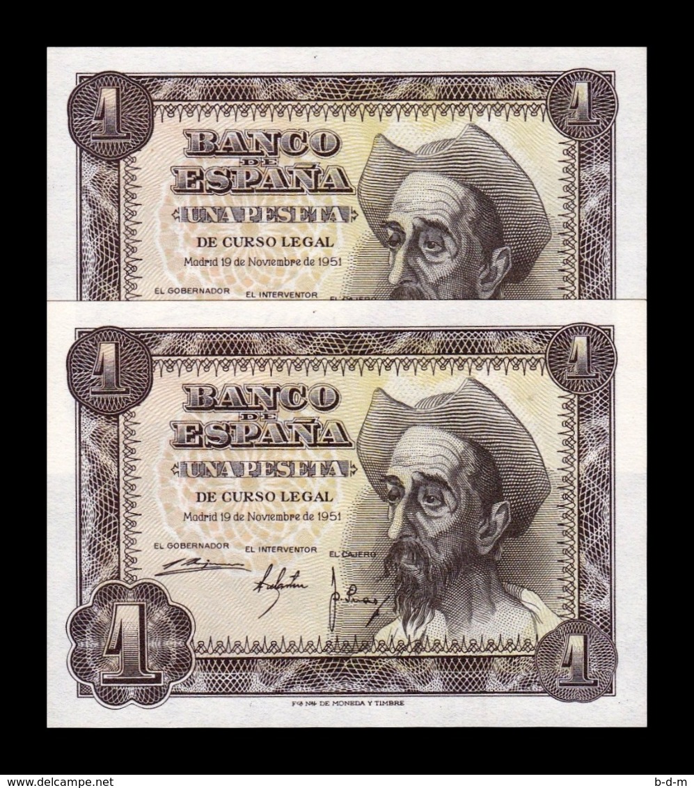 España Pareja 1 Peseta Don Quijote De La Mancha 1951 Pick 139 Serie Q SC UNC - 1-2 Pesetas