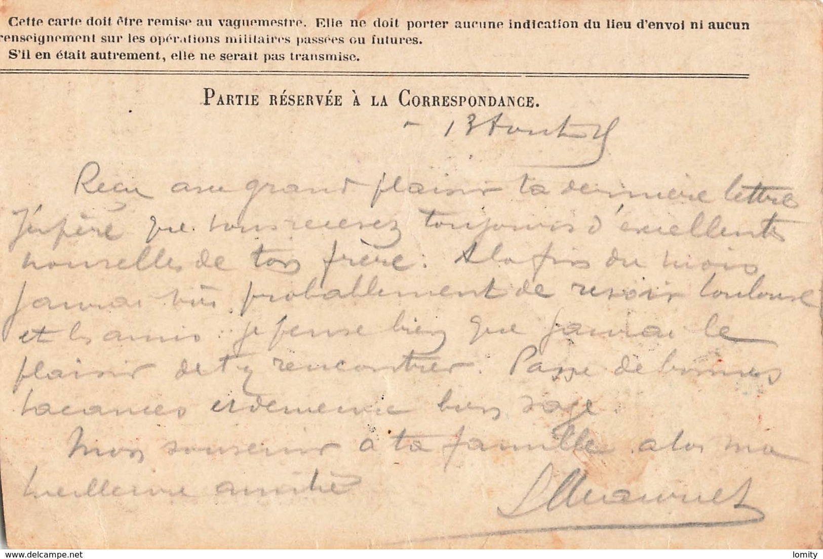 Carte Correspondance Franchise Militaire Cachet Tresor Postes 1915 - WW I