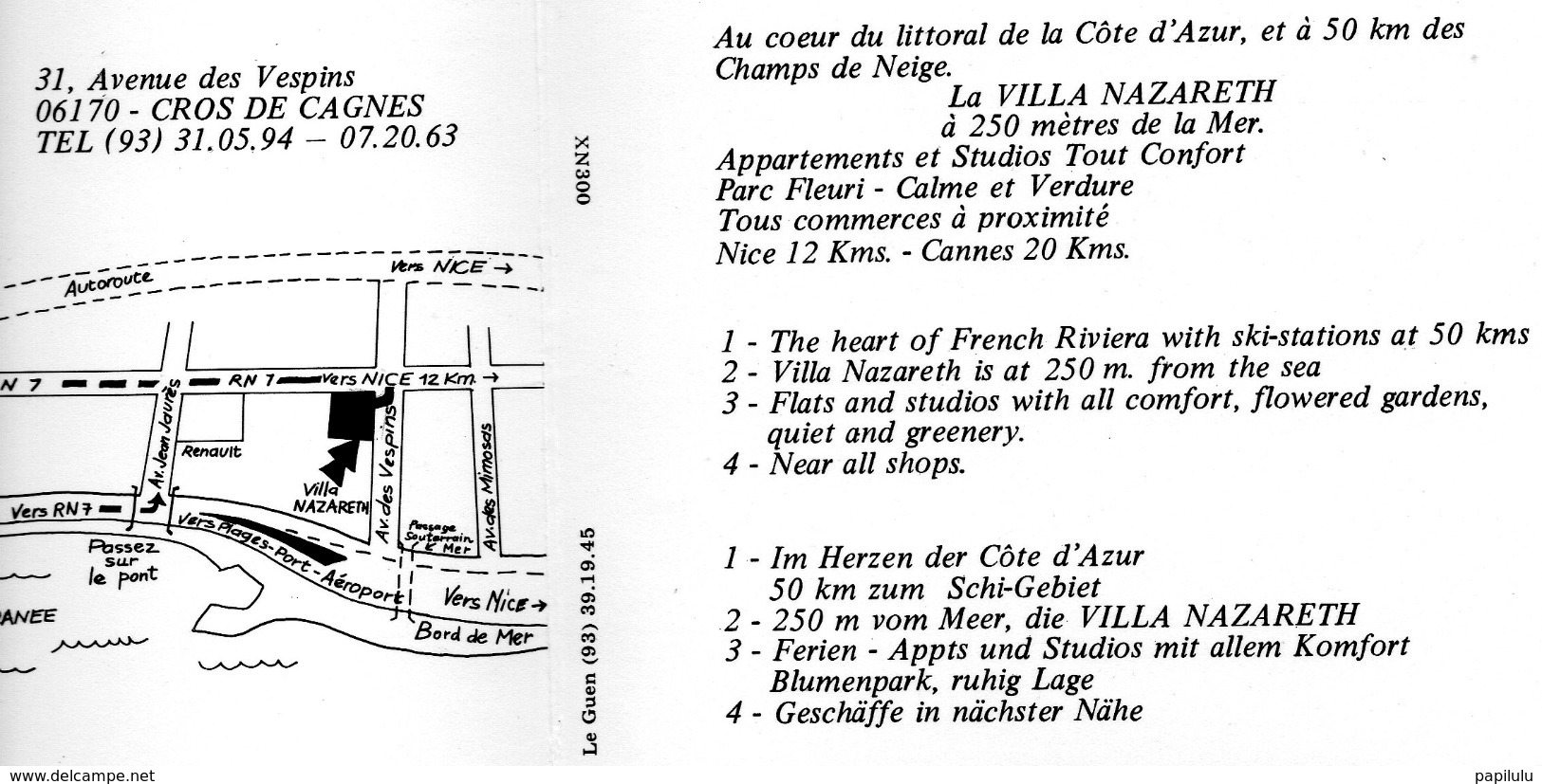 DEPT 06 : Cros De Cagnes , Villa Nazareth ( Carte Double Publicitaire ) - Cagnes-sur-Mer