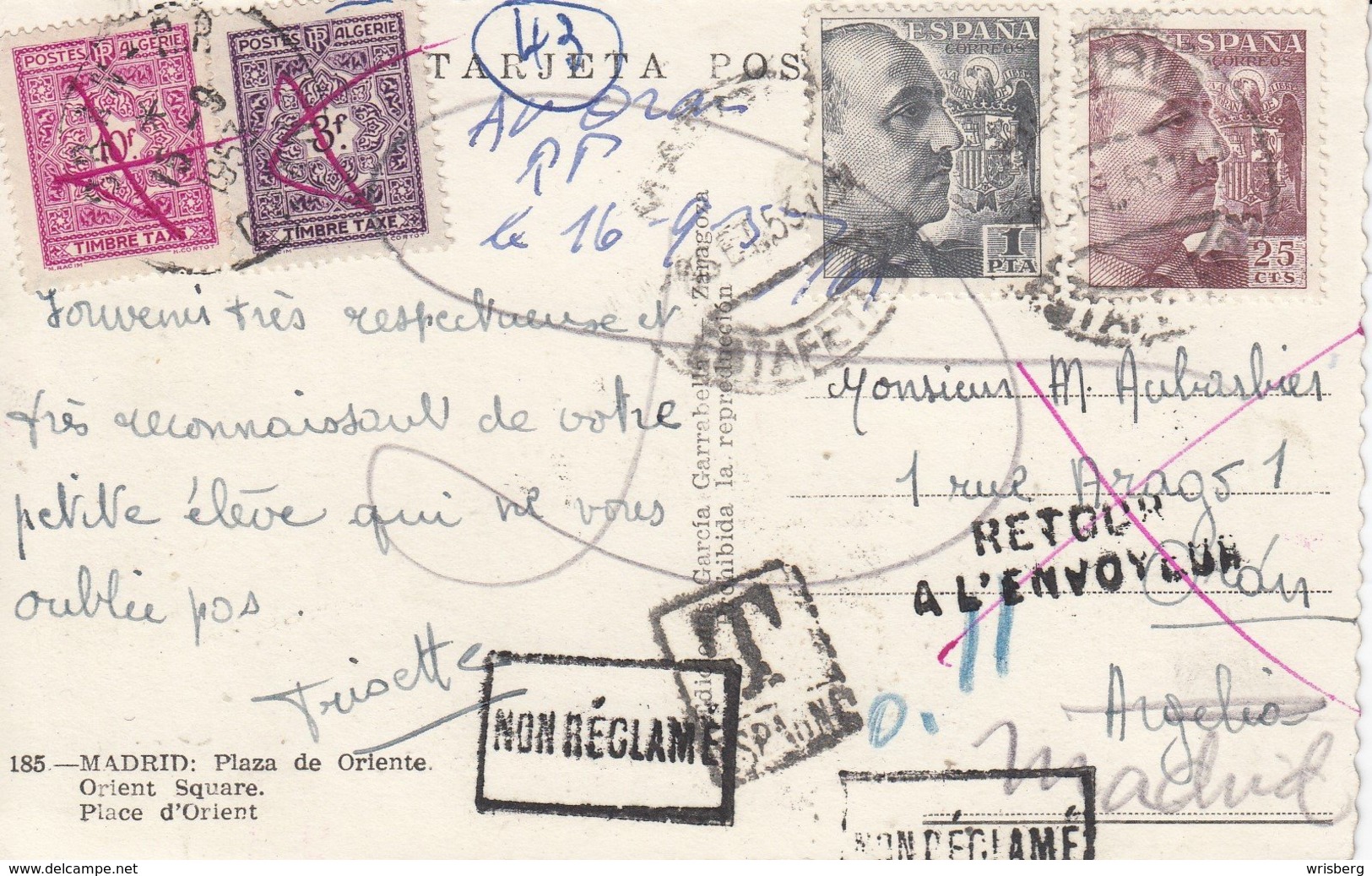 CP Affr 1 Piastre 25 Cts Obl MADRID Du 16.9.53 Adressée à Oran Taxée - Used Stamps