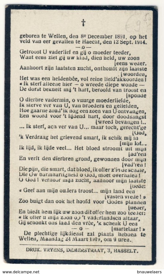 Doodsprentje Jean Boes - Gesneuveld Haecht 1914 - Geboren Wellen 1891 - Devotieprenten