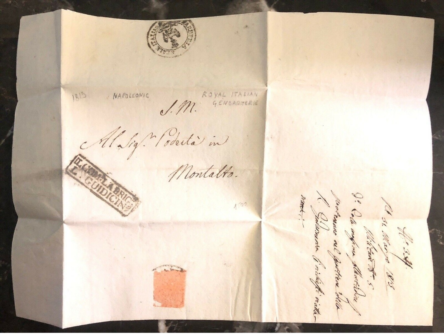 1813 Montalto Italy Royal Italian Gendarmerie Stampless Letter Cover Napoleonic - Non Classés