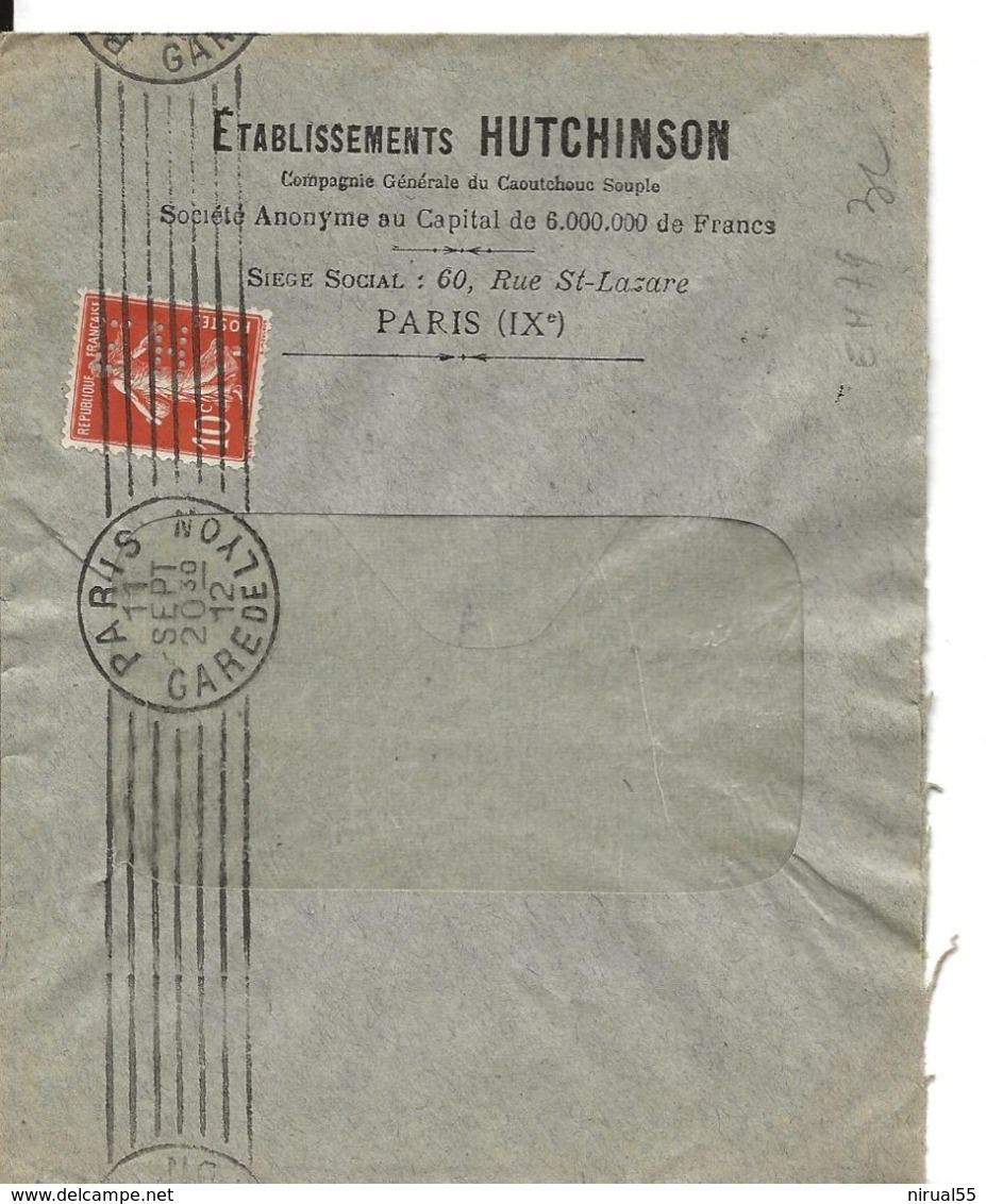 PERFORE E.H. HUTCHINSON Paris Sur 10c Semeuse 11.9.1912 .. ..G - Sonstige & Ohne Zuordnung