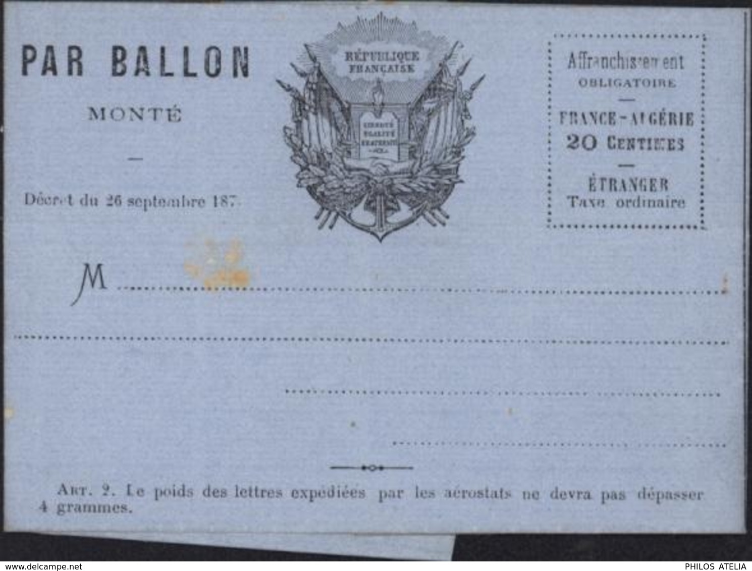 Guerre 1870 Siège De Paris Lettre Formule Illustré Par Ballon Monté Neuve Non Utilisée - Guerra Del 1870