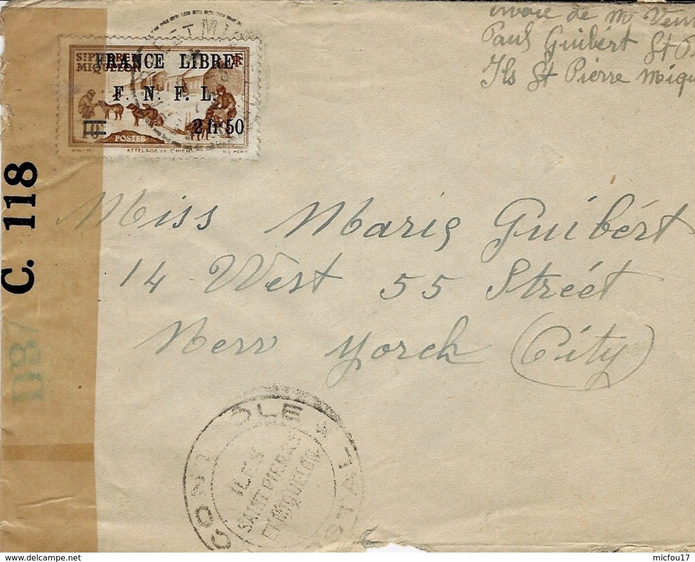 1941- Enveloppe De St Pierre & Miquelon Affr. Y & T N°278 SEUL Pour New York -censures Française Et Américaine - Briefe U. Dokumente