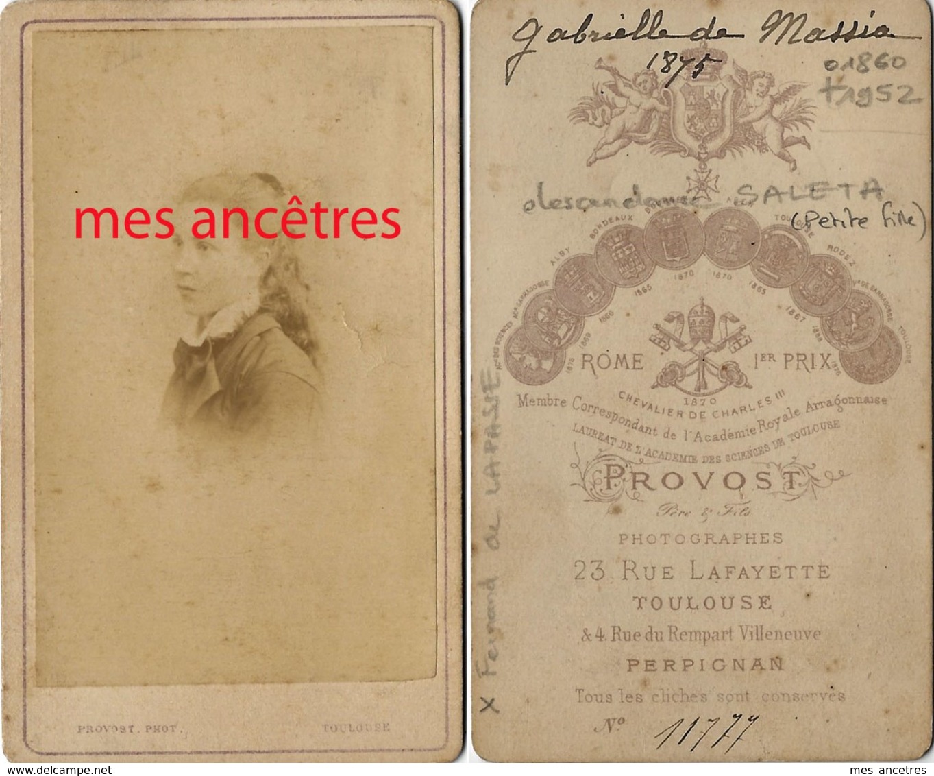 CDV  En 1875 Gabrielle DE MASSIA Fille De Gabrielle, Petite Fille Thomas SALETA 1860/1952 Par Provost à Toulouse - Alte (vor 1900)