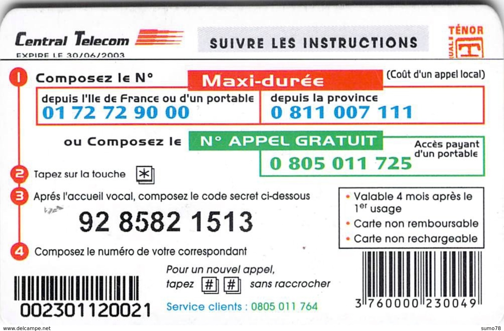 Carte Prépayée - CENTRAL TELECOM  -  7.5 € - Andere & Zonder Classificatie
