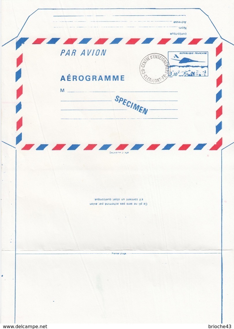 FRANCE - AEROGRAMME  SPECIMEN BLEU CONCORDE 3.10 POUR LE CENTRE D'ENSEIGNEMENT DE LA POSTE - CLERMONT FD 63 / TBS - Aerogrammi