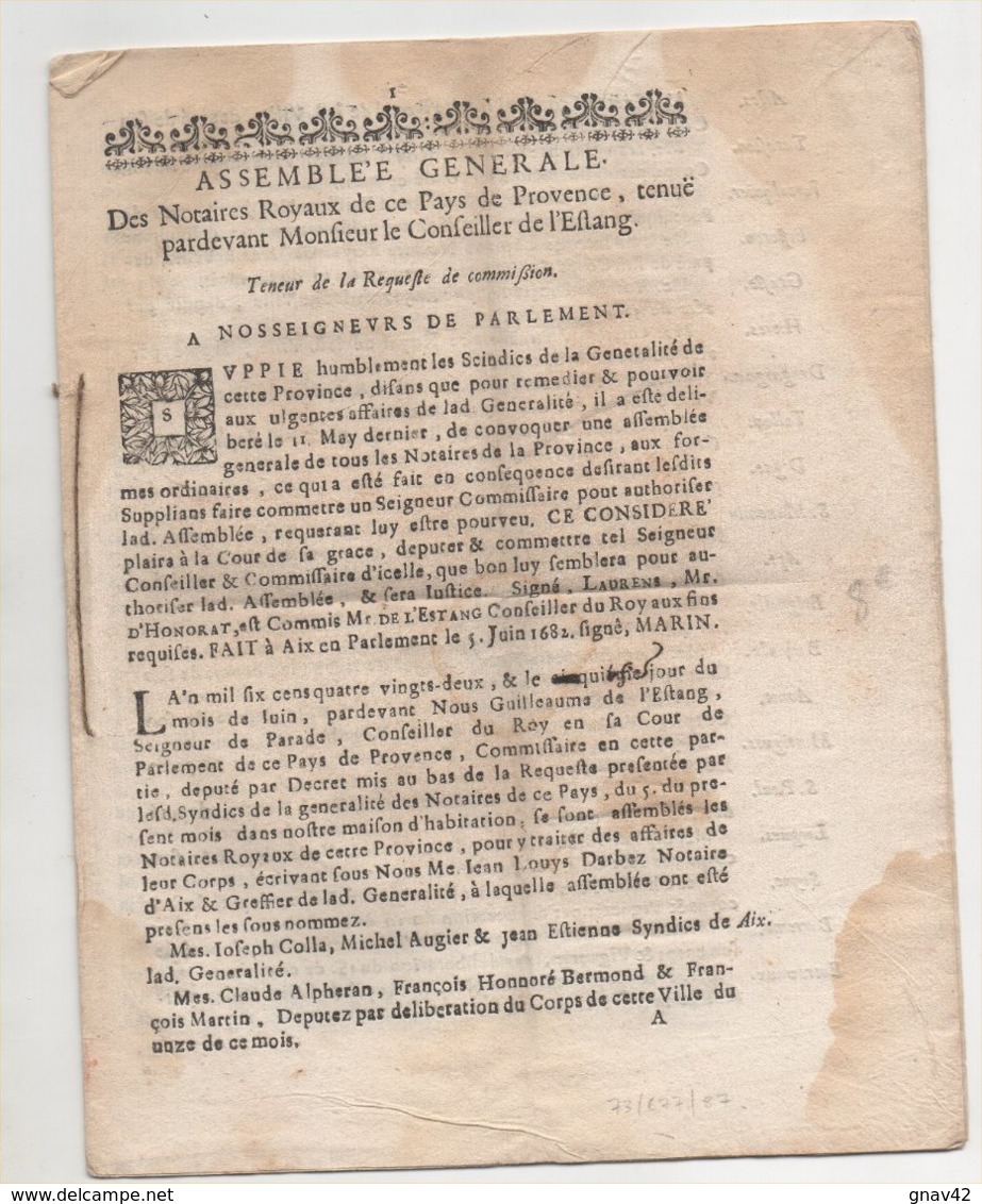 Assemblée Des Notaires De Provence1682 De 12 Pages Tâches D'humidité - Historische Documenten