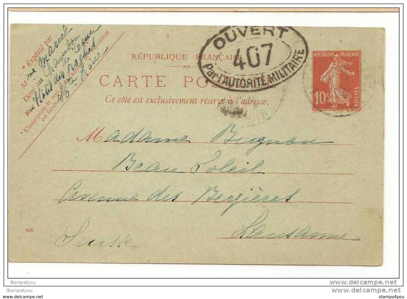 72 - 52 - Entier Postal Français Envoyé En Suisse 1918 - Guerre De 1914-18