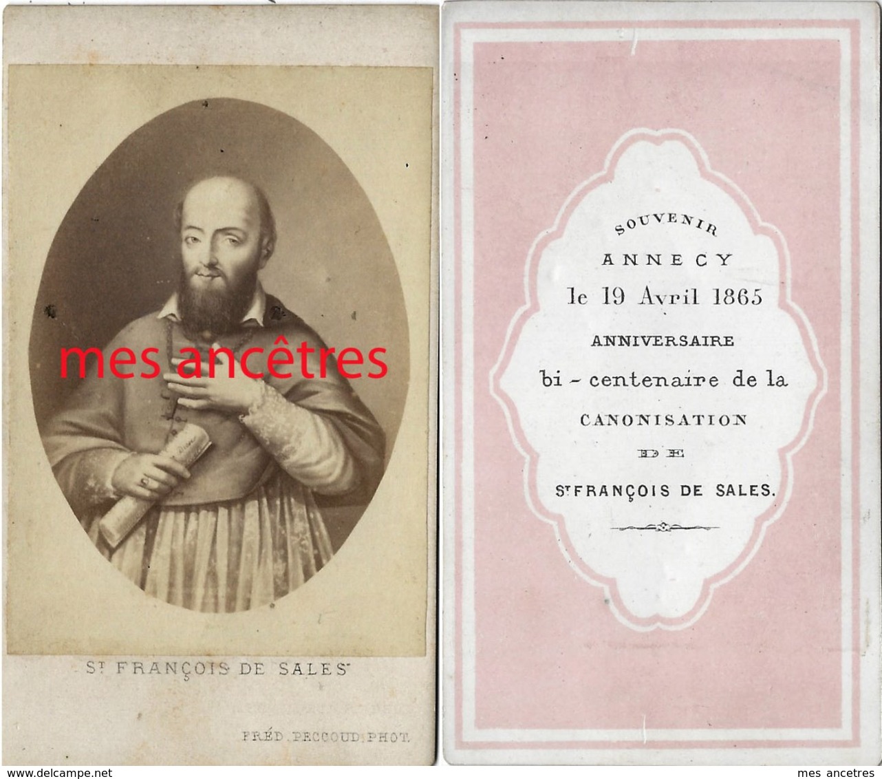 CDV Anniversaire Bicentenaire Canonisation Saint François De Sales 1865 Annecy-photo Peccoud - Old (before 1900)