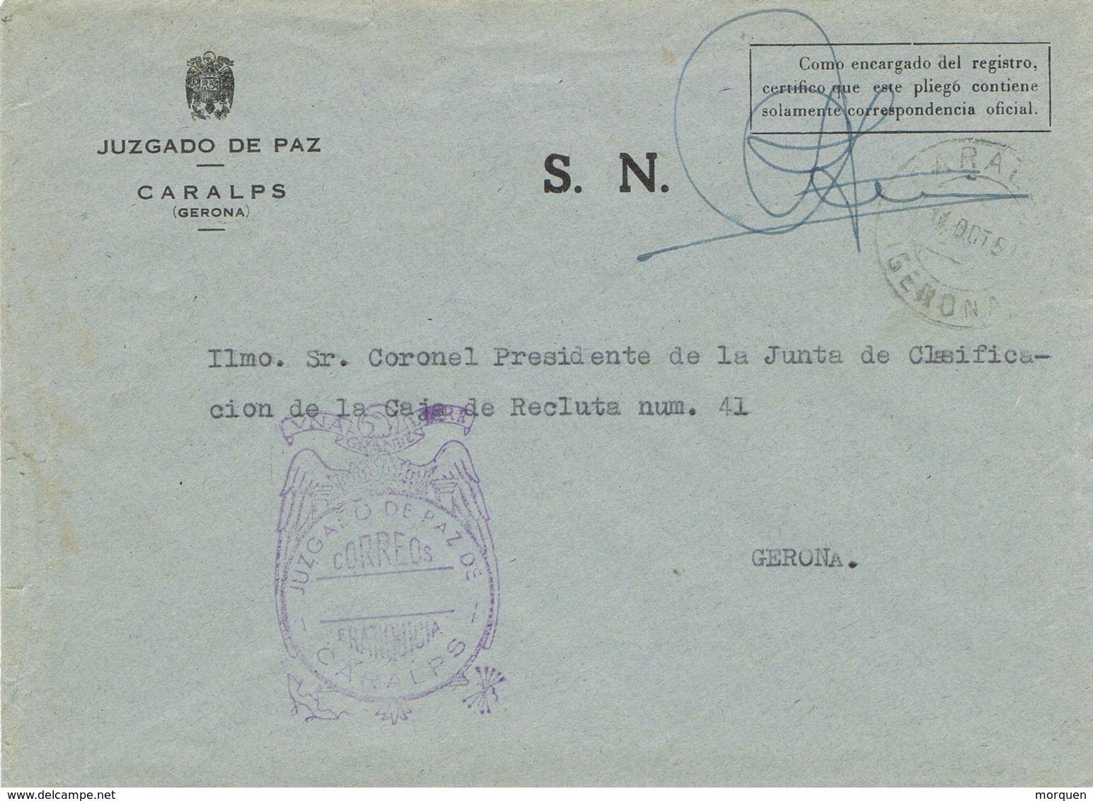 34341. Carta S.N. Franquicia Juzgado De Paz CARALPS (Gerona) 1959. Fechador Caralps - Cartas & Documentos