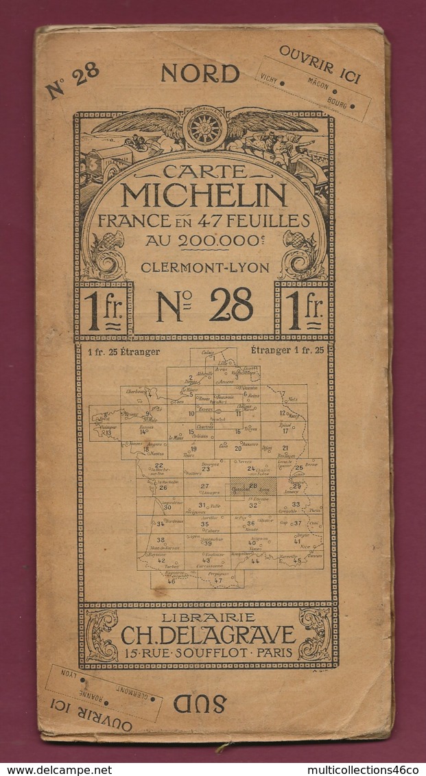 241019A - Années 1910 CARTE ROUTIERE MICHELIN 47 Feuilles 200 000e N° 28 CLERMONT LYON Pub RENAULT CH DELAGRAVE - Callejero