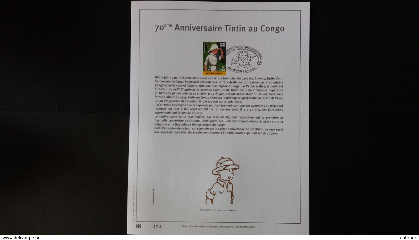 Tintin - Bd: FEUILLET D'ART EN OR 23 CARATS.  Timbre Numéro 3048 - Philabédés (comics)