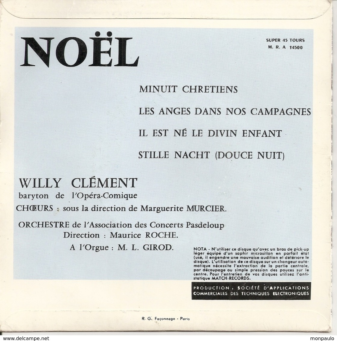 Vinyles. 45 T. Willy Clément. Noël (baryton De L'opéra-comique). Minuit Chrétiens (4 Titres) Studio Match Record - Christmas Carols