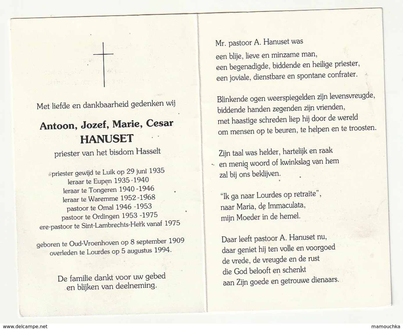 Antoon J.M. HANUSET Oud-Vroenhoven Priester Luik Eupen Tongeren Waremme Omal Ordingen Sint-Lambrechts-Herk Lourdes 1994 - Devotion Images