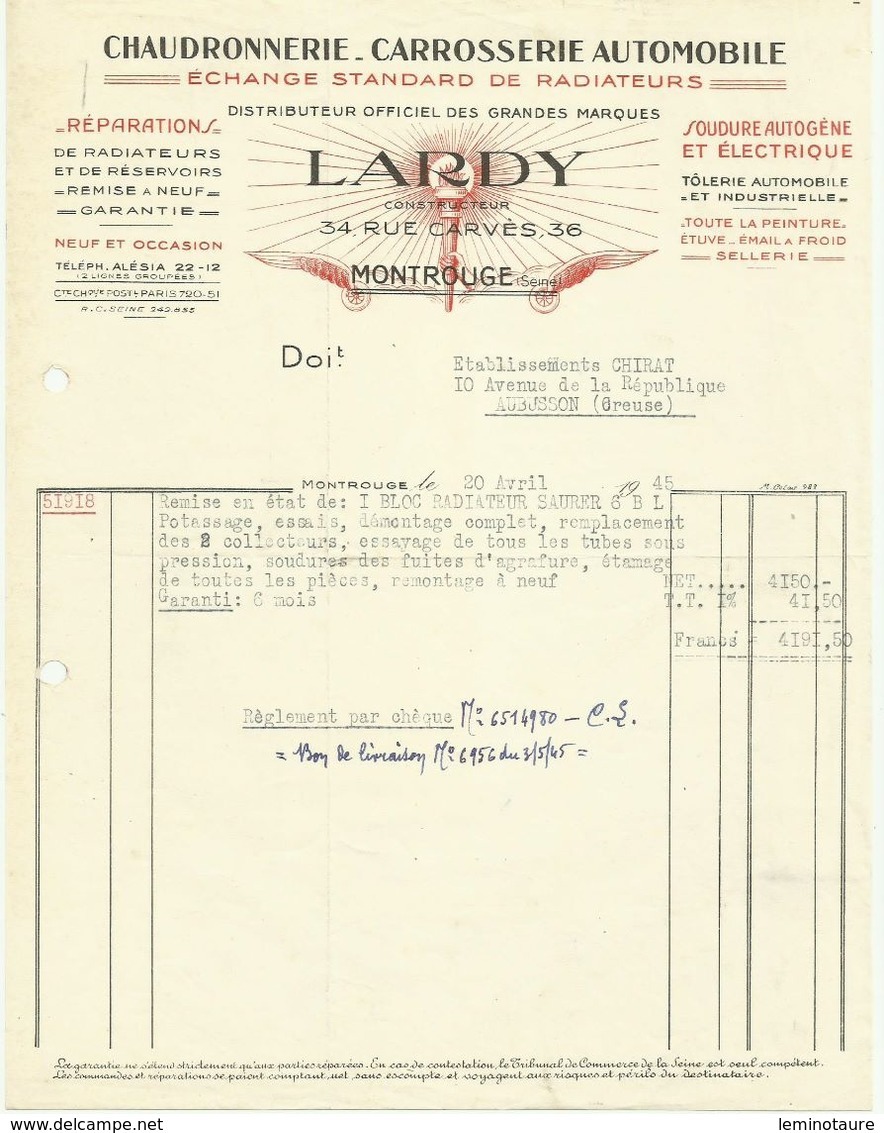 92 - MONTROUGE / Chaudronnerie - Carrosserie Automobile - échange Radiateurs " LARDY " / Facture 1945 Pour AUBUSSON - Automobile