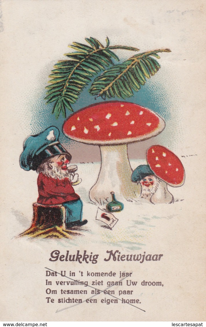 CPA BONNE ANNEE - GELUKKIG NIEUWJAAR-  LUTINS -GNOMES -CHAMPIGNONS-(lot Pat 85) - 1900-1949