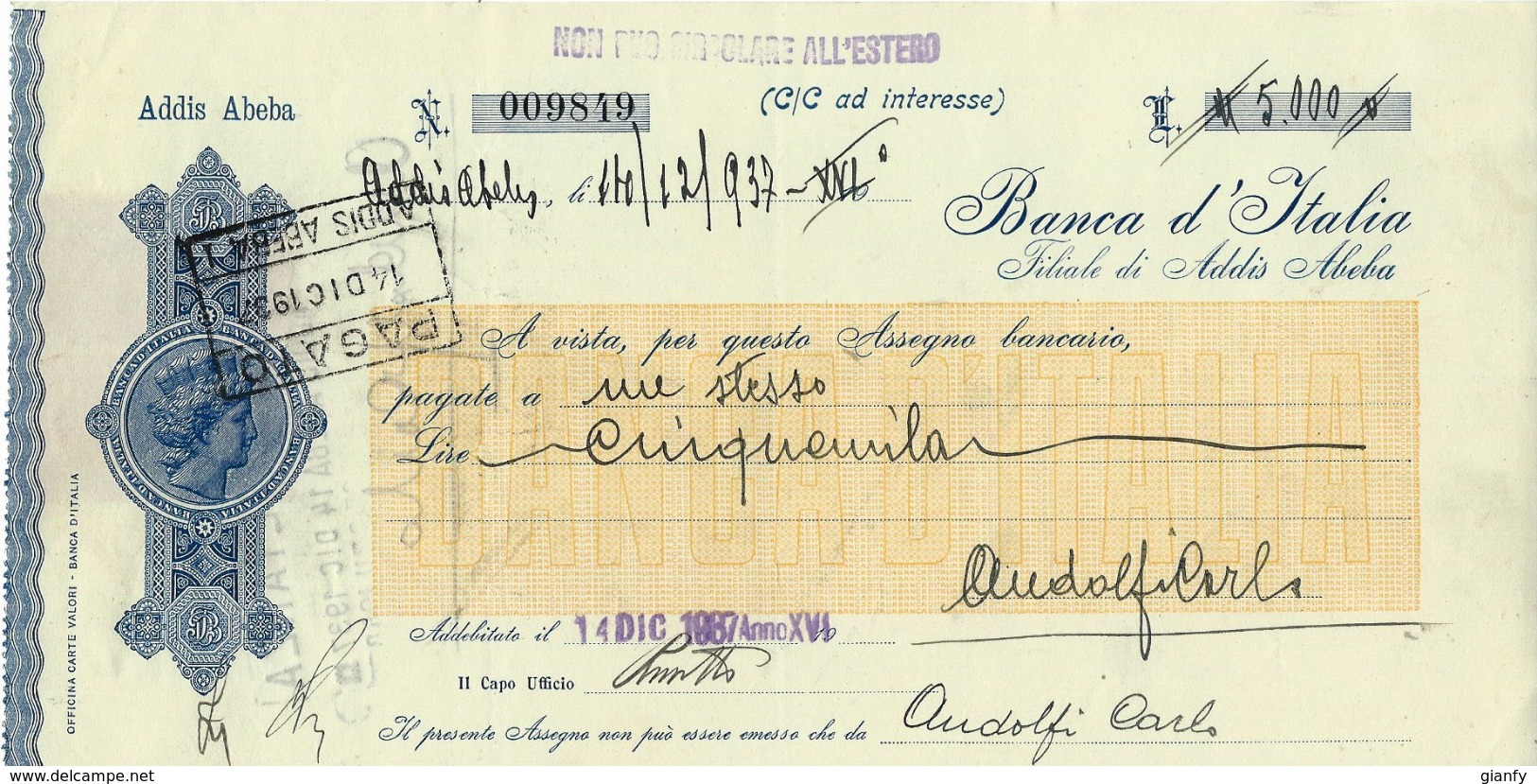 ASSEGNO CHEQUE CHECK BANCA D'ITALIA ADDIS ABEBA ETIOPIA CON MARCHE FISCALI 1937 - Assegni & Assegni Di Viaggio