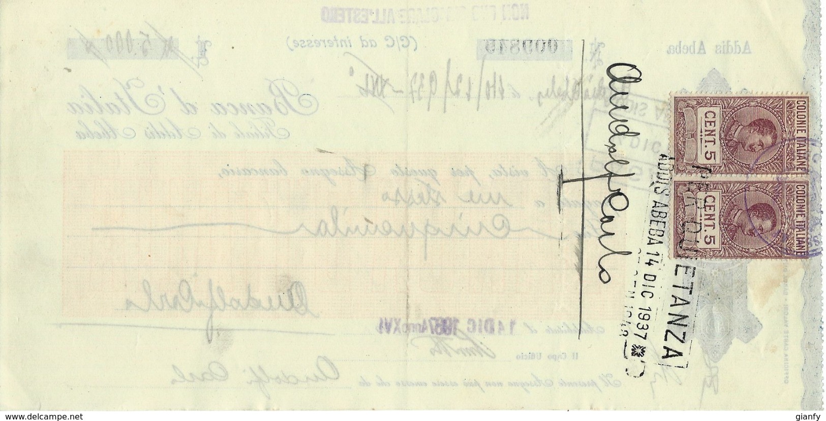 ASSEGNO CHEQUE CHECK BANCA D'ITALIA ADDIS ABEBA ETIOPIA CON MARCHE FISCALI 1937 - Assegni & Assegni Di Viaggio