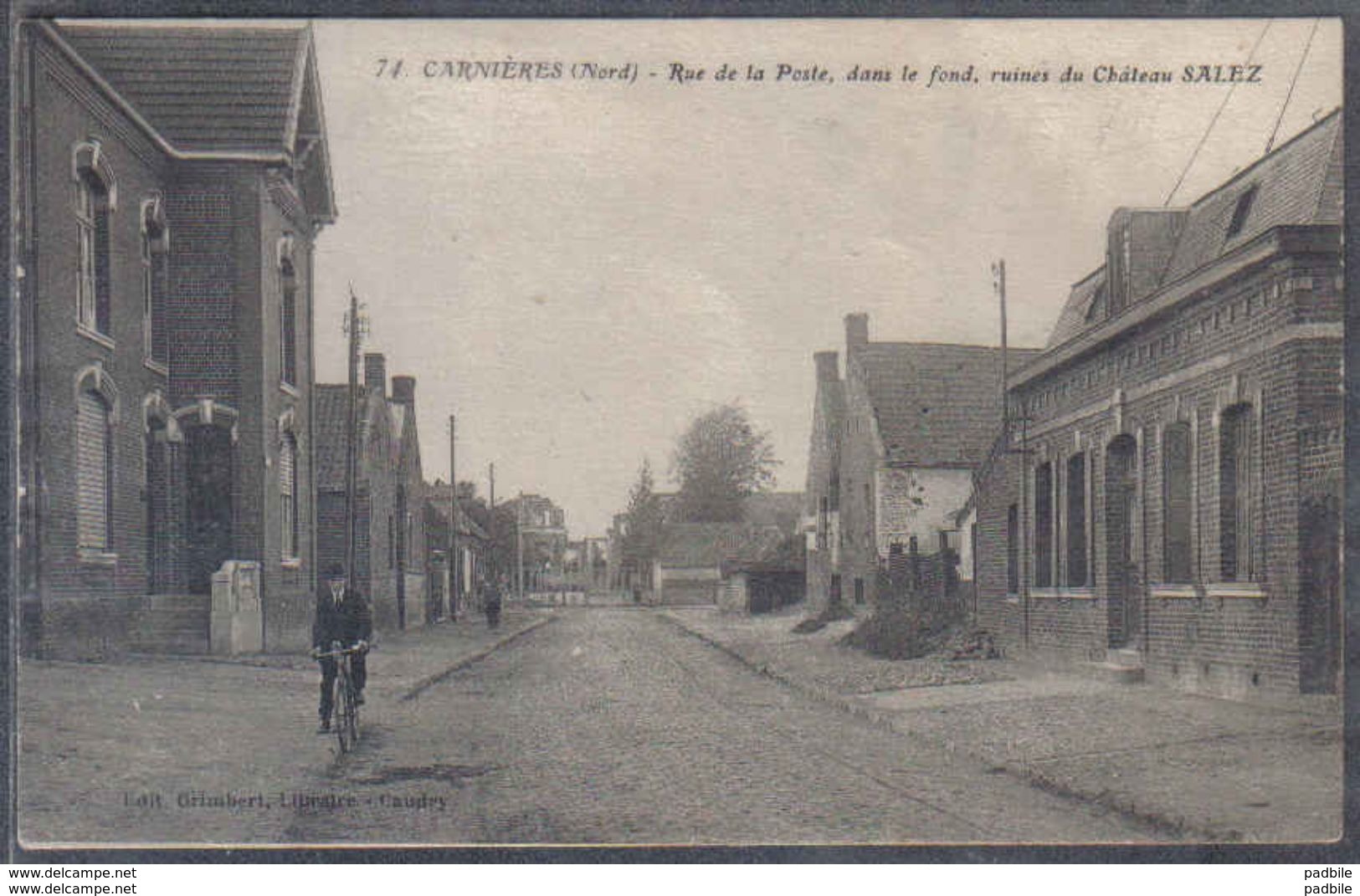 Carte Postale 59. Carnières Rue De La Poste , Dans Le Fond Ruines Du Chateau Salez  Trés Beau Plan - Autres & Non Classés