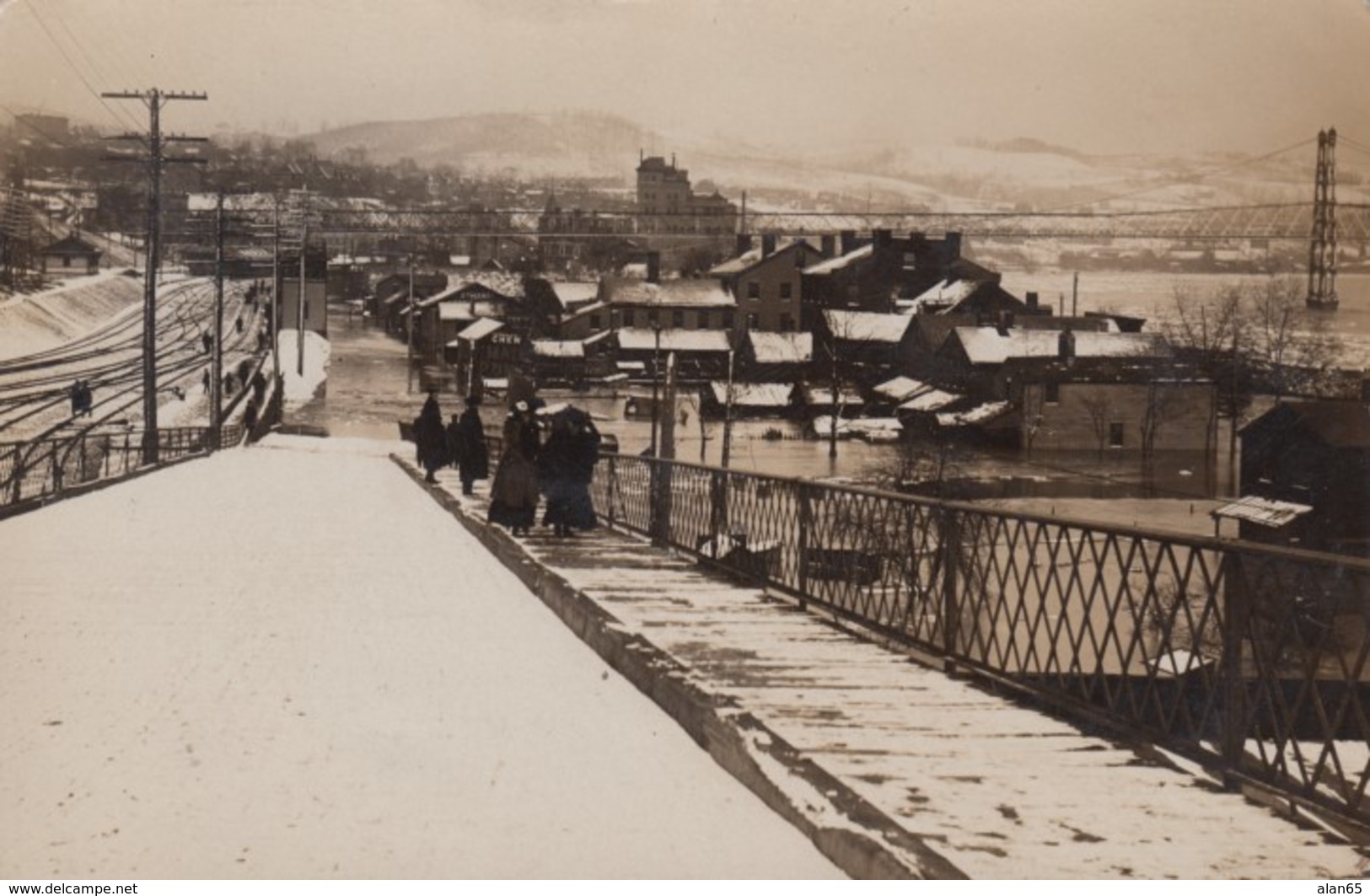 Unidentified Foreign (Non-USA) Town View, Railroad Yard, Bridge Waterfront C1900s/10s Vintage Real Photo Postcard - World