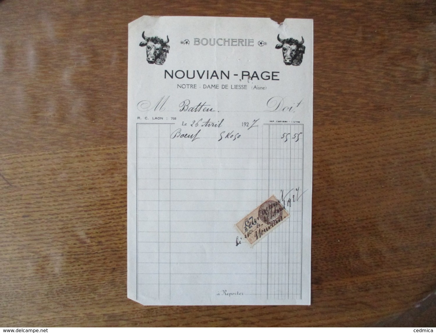 NOTRE-DAME-DE-LIESSE AISNE NOUVIAN-PAGE BOUCHERIE FACTURE DU 26 AVRIL 1927 - 1900 – 1949