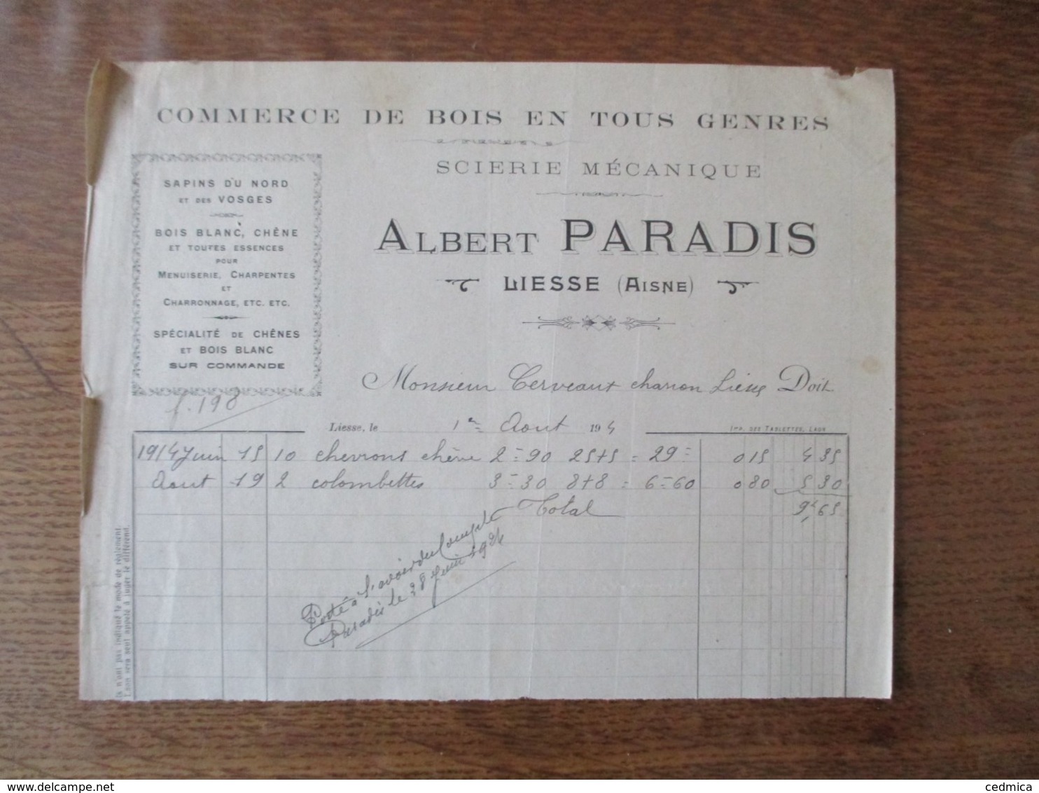 LIESSE AISNE ALBERT PARADIS COMMERCE DE BOIS EN TOUS GENRES SCIERIE MECANIQUE FACTURE DU 1er AOUT 1924 - 1900 – 1949