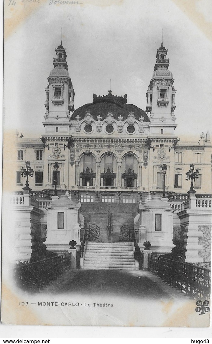 (RECTO / VERSO) MONTE CARLO - N° 197 - LE THEATRE - PLI ANGLE BAS A GAUCHE - CPA PRECURSEUR VOYAGEE - Opera House & Theather