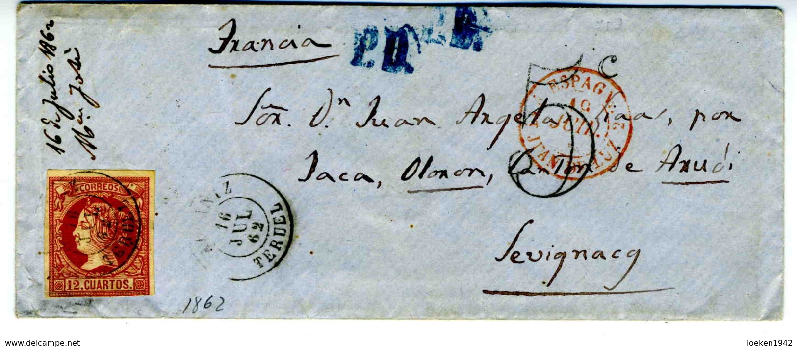 ESPAÑA 1862 CARTA 12 CUARTOS  Ultimo Mes ALCANIZ  SEVIGNAC      LC 2 - Cartas & Documentos