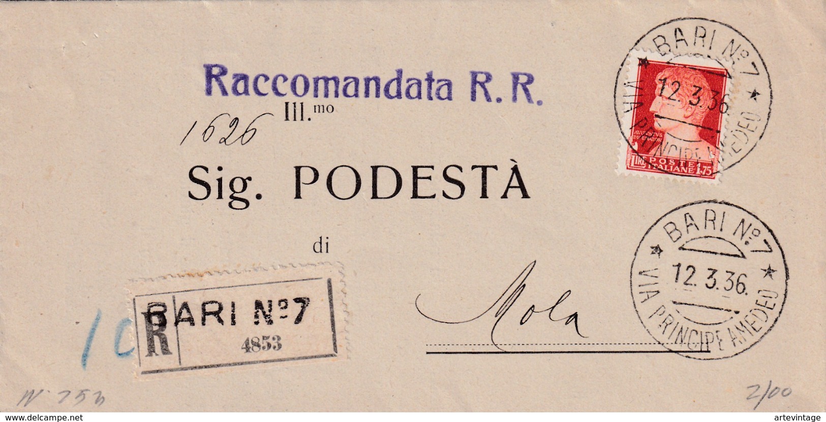 Regno - Piego Postale - Ospedale Consorziale Bari - Affrancata Lire 1,75 - Storia Postale