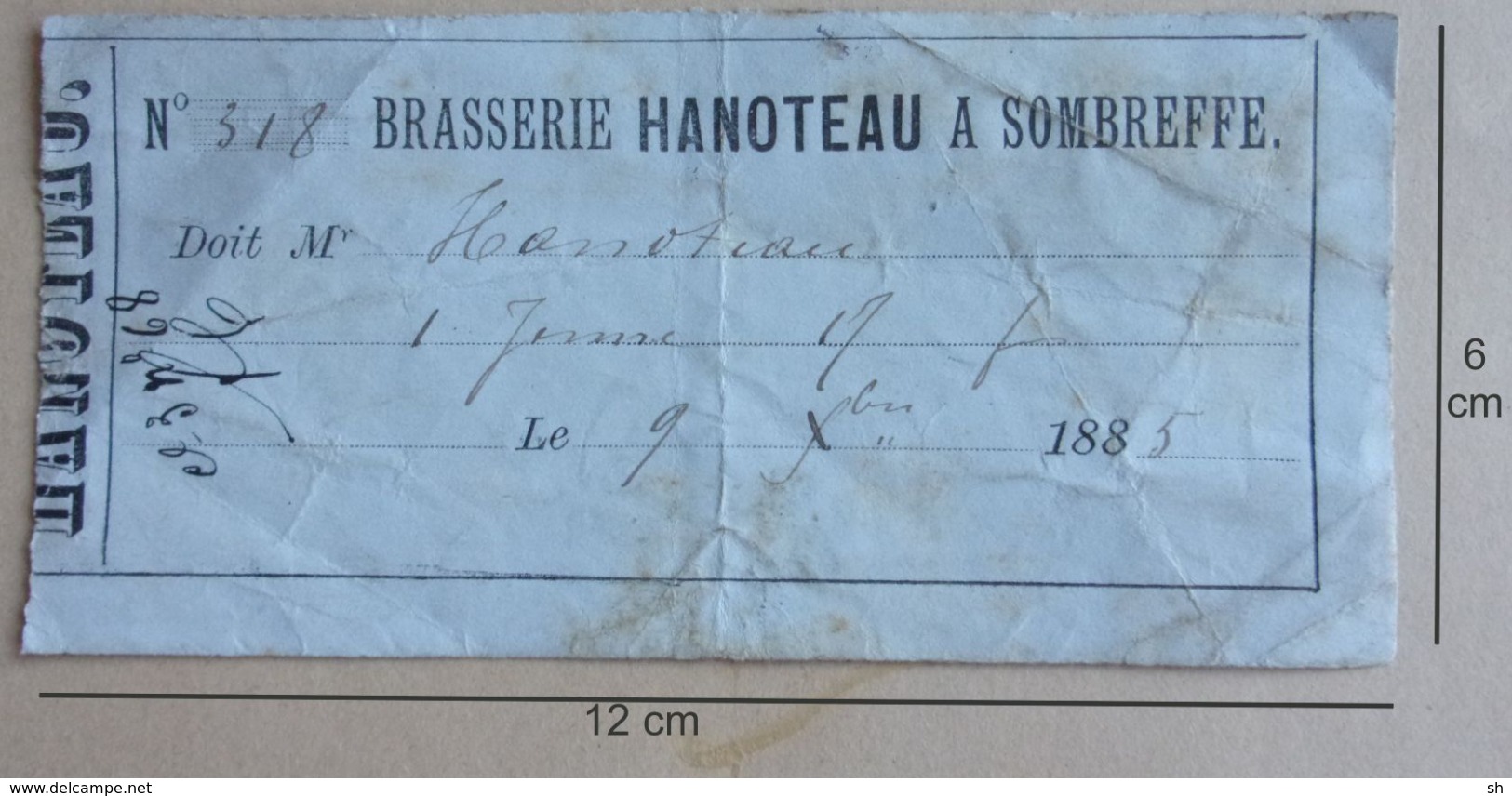 BRASSERIE HANOTEAU  SOMBREFFE  Reçu De 1885 - Documents Historiques