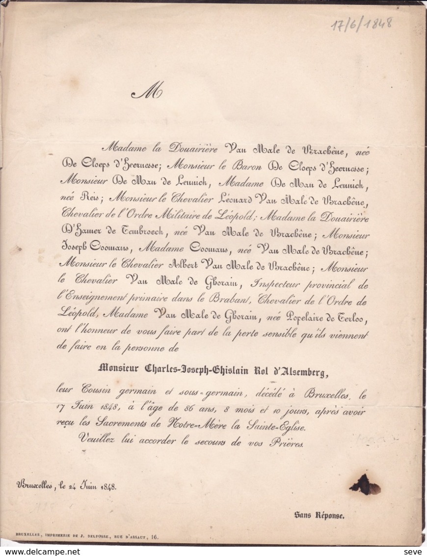 BRUXELLES Charles ROL D'ALSEMBERG 86 Ans 1848 Famille Van Male De GHORAIN De MAN De LENNICK Faire-part - Décès