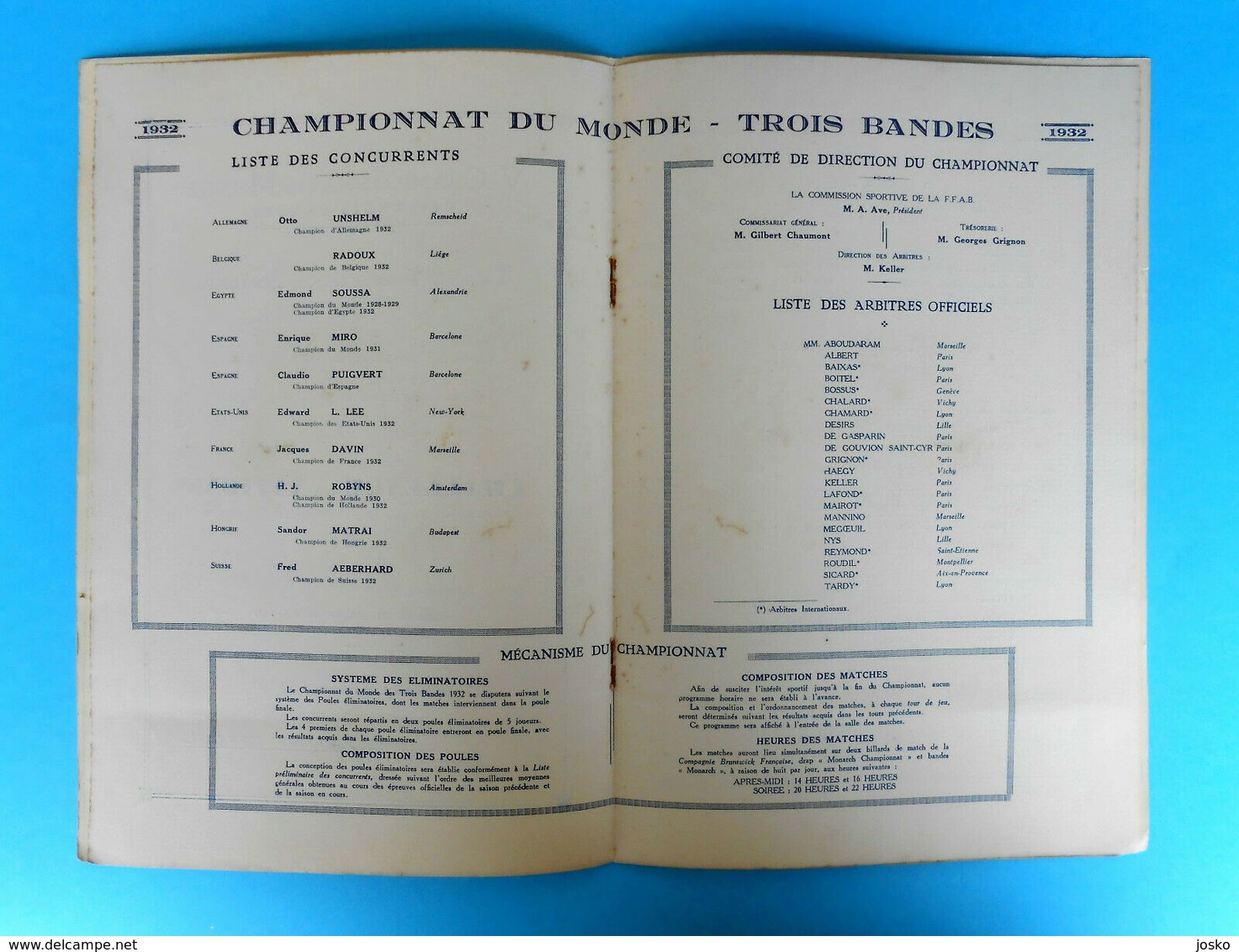 1932 WORLD BILLIARDS CHAMPIONSHIP - Original Antique Programme * Billard Billiard Biliardo Billar Programm Programma - Billiards